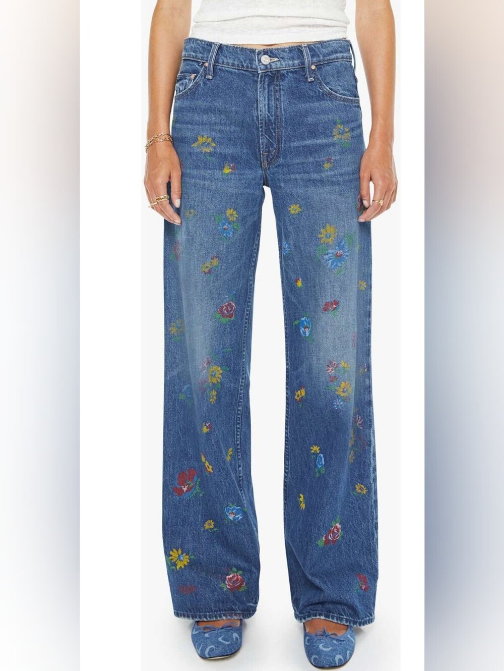 MOTHER The Rerun Zip Sneak Floral Embroidered Wide-Leg Jeans NWT Sz 31